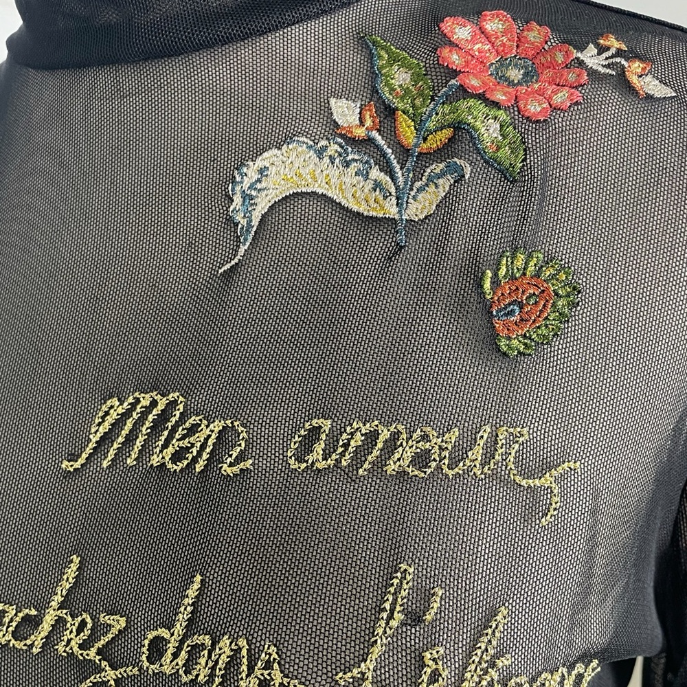 Cinq à Sept Black sheer mesh embroidered turtleneck whimsical dark bohemian S/M - Picture 4 of 16
